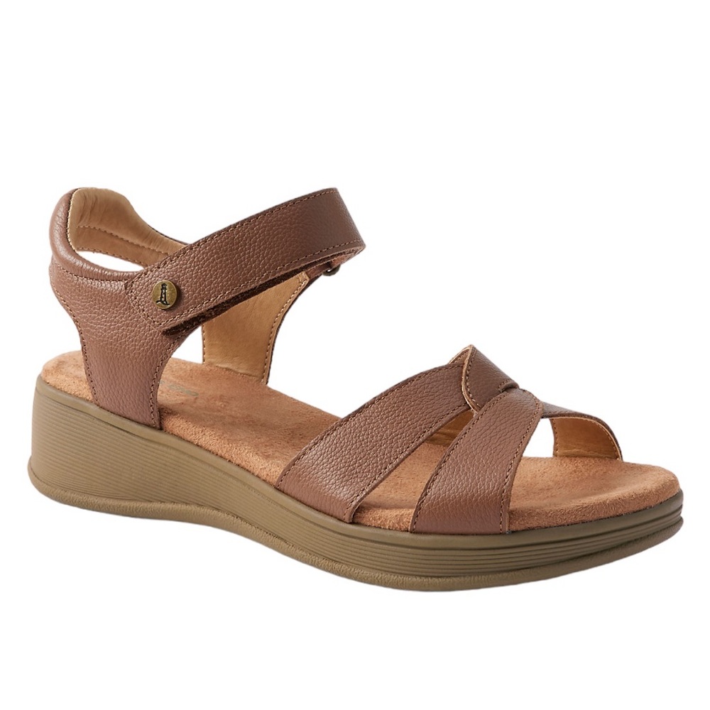 Lands’ End Women's Leather Comfort Casual Wedge Sandals Cognac Leather Size 11B‎